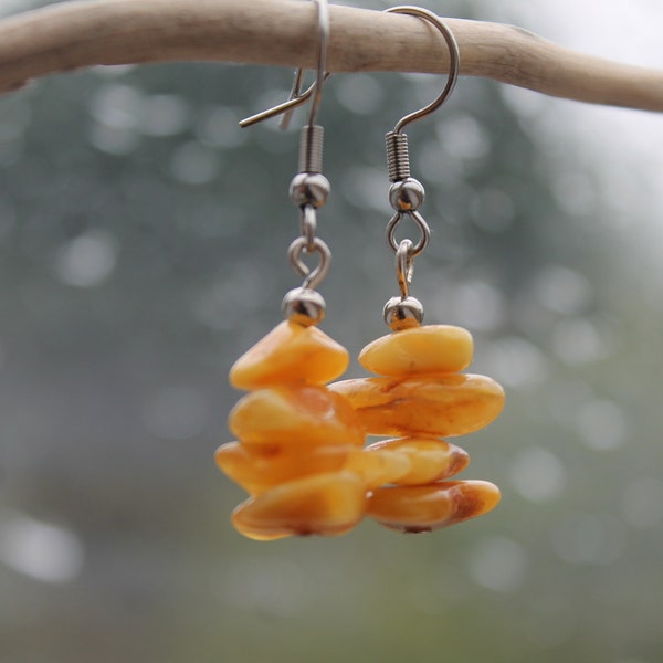 Raw Unpolished Baltic Amber Earrings Dangle Rough Stone Jewelry Natural Eco Orange Yellow Butterscotch