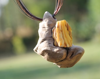 Gray Wood Necklace with White Bone Baltic Amber Wild Driftwood Jewelry Free form Pendant