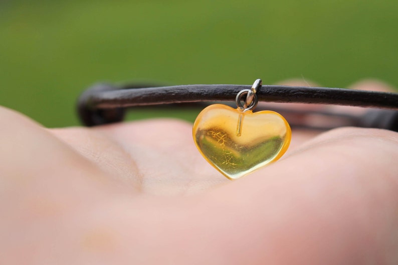 Tiny Baltic Amber Heart Honey Charm Bracelet Hand Sculpted Yellow Adjustable Brown Leather Minimalist Summer Fashion Jewelry Valentine Gift image 3