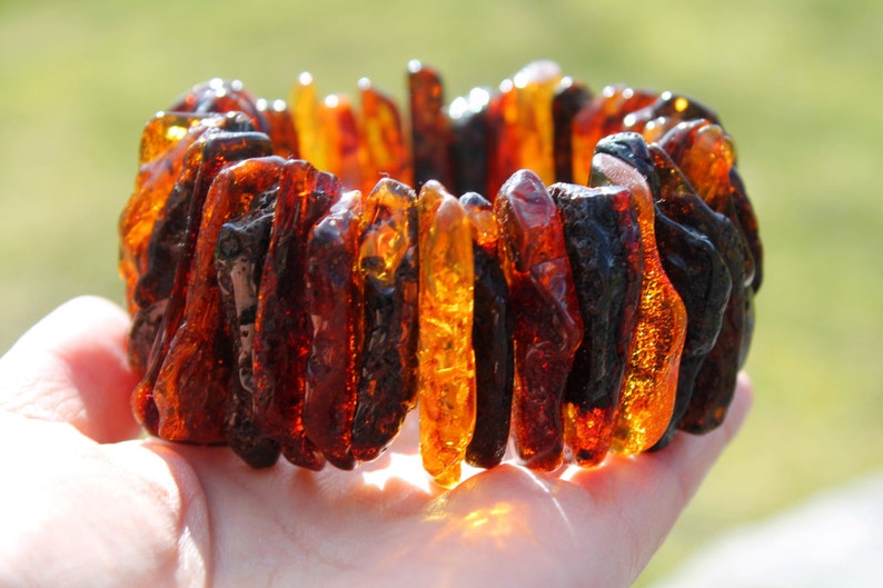 Raw dark Baltic Amber Bracelet Statement Jewelry Massive Cuff OOAK Stretch Big earthy Colors Natural Summer Fashion Gift for Nature lover image 2