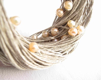 Pearl Wedding Necklace Natural Linen Jewelry Mother's Day Gift Cream Rose Peachy Beige Gray Multistrand Summer Bridal Fashion