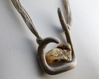 Drift Wood Necklace with Raw White Amber Wild Driftwood Jewelry