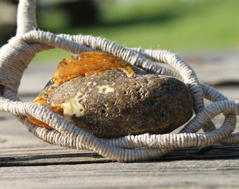 Artistic Amber Necklace Nomad Tribal Statement Necklace OOAK Rough Stone Pendant Unique Linen Rope Primitive Style