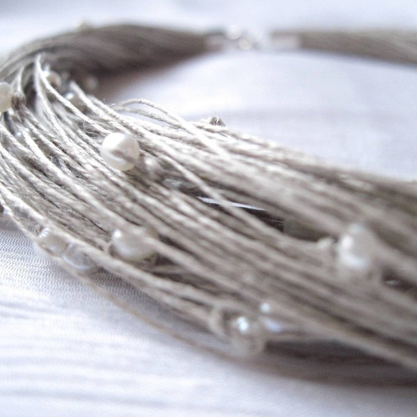 Naturel Perle Blanche Lin Collier Bijoux de Mariage Mariée Organique Gris Argent Été Mode