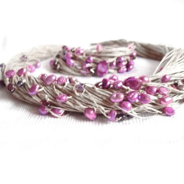 Natural Purple Pearls Necklace Garnet Amethyst Linen Multistrand Necklace Bracelet Set Midsummer Night's Dream