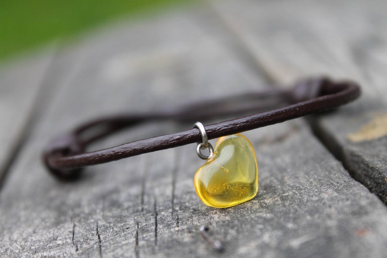 Tiny Baltic Amber Heart Honey Charm Bracelet Hand Sculpted Yellow Adjustable Brown Leather Minimalist Summer Fashion Jewelry Valentine Gift image 4