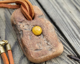 Yellow Amber Pearl Pendant Tree Bark Necklace Tree Stump Brown Tan Leather Natural Healing Pendant