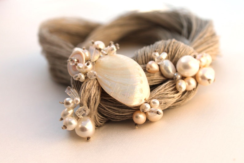 Pearl Wedding Linen Necklace Bridal Natural Pearl Jewelry OOAK Statement Necklace Junes Birthstone Snow White Gift for Her Valentines Day image 3