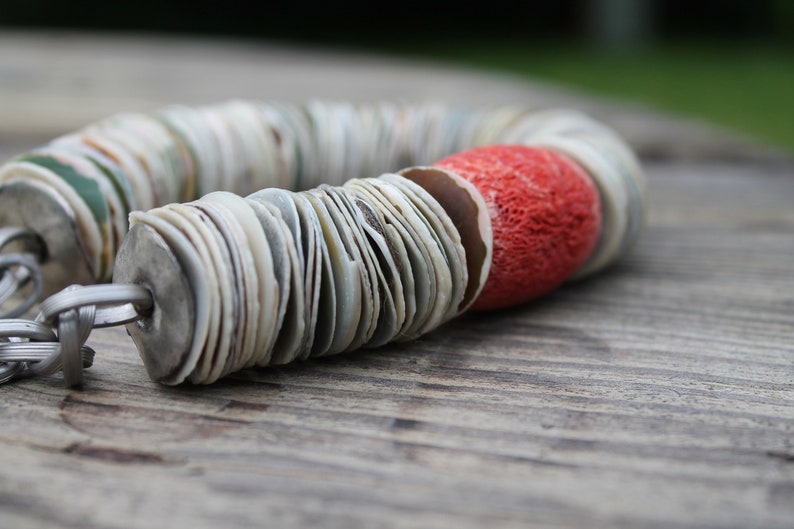 Asymmetric Necklace Statement Shell Coral Heishi Powder Light Pink Coral Dusty Silver Minimalist Raw Gemstone Mother's Day Gift Strawberries image 2