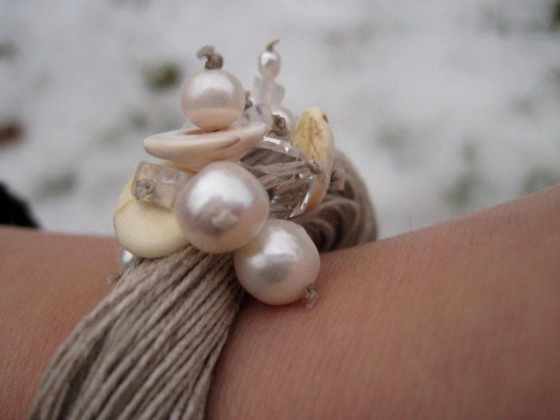 Natural Pearls Linen Bracelet Wedding Jewelry Multi Strand Bracelet Snow White Bride Bracelet Gemini Junes Birthstone Summer Fashion image 2