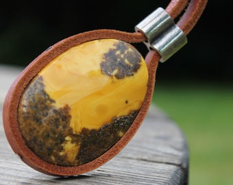 Long Amber Necklace Lariat Leather Unique Design Rare Amber Stone Oval Amber Pendant Tan Leather