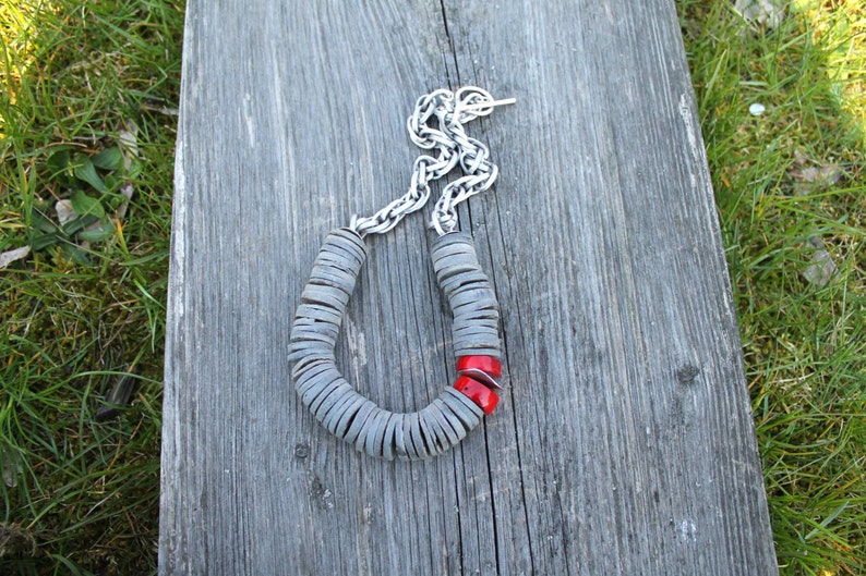 Coral Necklace Crimson Silver Venetian Red Gray Shell Statement Jewelry Summer Fashion asymmetric abstract style image 5