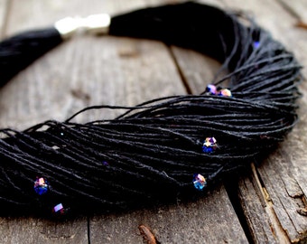 Black Necklace Multistrand Linen Fashion Jewelry Dazzling Boho Fiber Sparkling Glass Eco Elegant Smoky Pink Violet Czech Bead Gift for Her