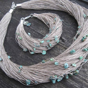 Turquoise Linen Necklace and Bracelet Set Natural Raw Gemstone Jewelry Blue Mint Teal Robins Egg Nest Gray Eco Style Jewelry Beaded Fiber image 1