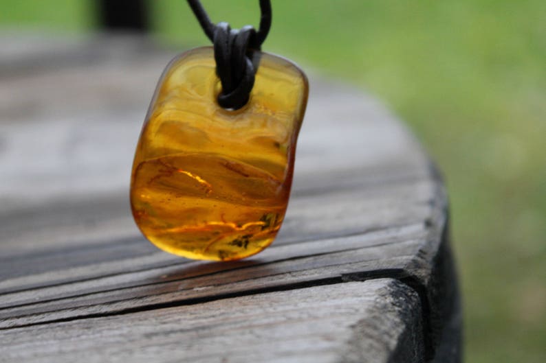 Amber Necklace Honey Amber Pendant Yellow Natural Honey Baltic Amber Charm Unisex Pendant Gift for him Brown Leather
