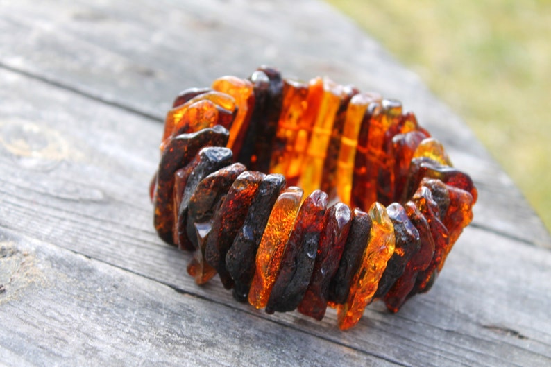 Raw dark Baltic Amber Bracelet Statement Jewelry Massive Cuff OOAK Stretch Big earthy Colors Natural Summer Fashion Gift for Nature lover image 4