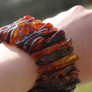 Raw dark Baltic Amber Bracelet Statement Jewelry Massive Cuff OOAK Stretch Big earthy Colors Natural Summer Fashion Gift for Nature lover image 5