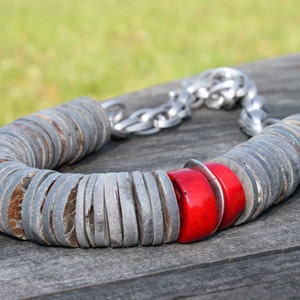 Coral Necklace Crimson Silver Venetian Red Gray Shell Statement Jewelry Summer Fashion asymmetric abstract style image 2