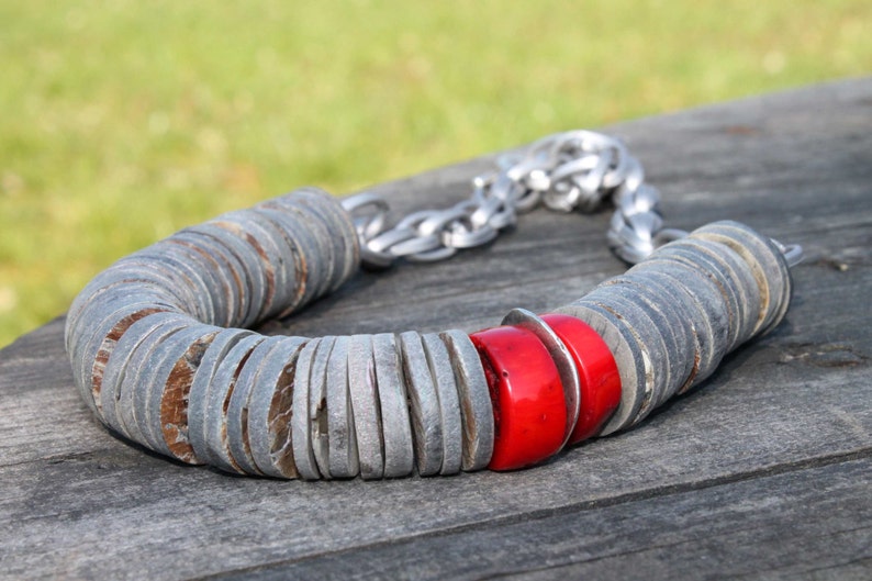 Coral Necklace Crimson Silver Venetian Red Gray Shell Statement Jewelry Summer Fashion asymmetric abstract style image 2