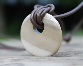 Striped Flint Pendant Donut Leather necklace Natural Raw Organic Jewelry Rustic Gray Grey Silver Earthy Cream Banded Flint Neolithic