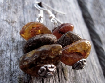 Raw Unpolished Baltic Amber Earrings Dangle Rough Stone Jewelry Natural Eco Earthy Brown Rustic Zen