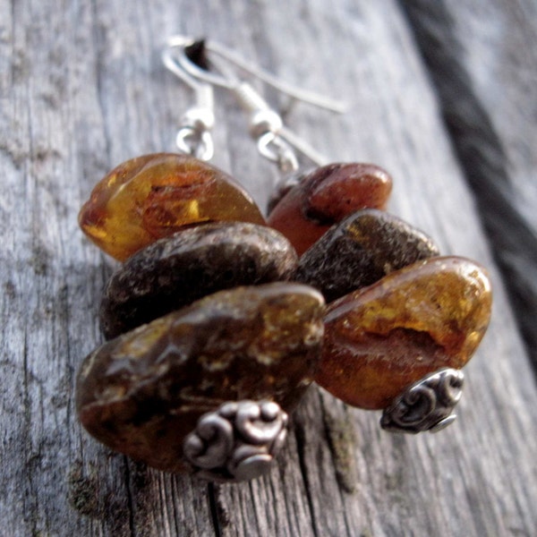 Raw Unpolished Baltic Amber Earrings Dangle Rough Stone Jewelry Natural Eco Earthy Brown Rustic Zen