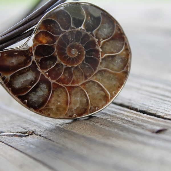 Fossil Ammonite Necklace Jurassic Pendant Spiral Geology Jewelry Paleontology Silver Gray Natural History