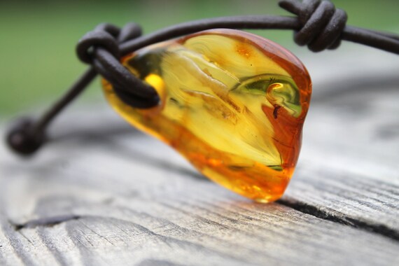 Amber Necklace Honey Amber Pendant Yellow Natural Honey Baltic Amber Charm Unisex Pendant Gift for him Brown Leather