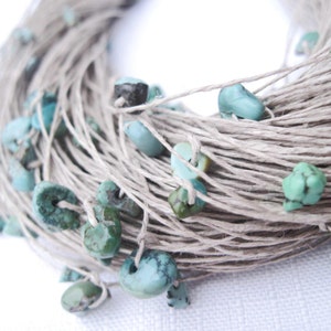 Turquoise Linen Necklace and Bracelet Set Natural Raw Gemstone Jewelry Blue Mint Teal Robins Egg Nest Gray Eco Style Jewelry Beaded Fiber image 5