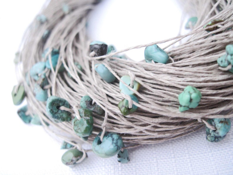 Turquoise Linen Necklace and Bracelet Set Natural Raw Gemstone Jewelry Blue Mint Teal Robins Egg Nest Gray Eco Style Jewelry Beaded Fiber image 5