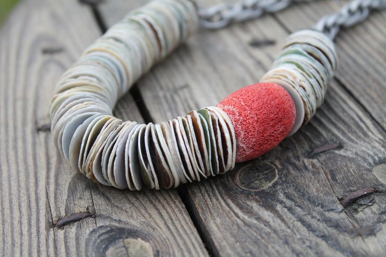 Asymmetric Necklace Statement Shell Coral Heishi Powder Light Pink Coral Dusty Silver Minimalist Raw Gemstone Mother's Day Gift Strawberries image 5
