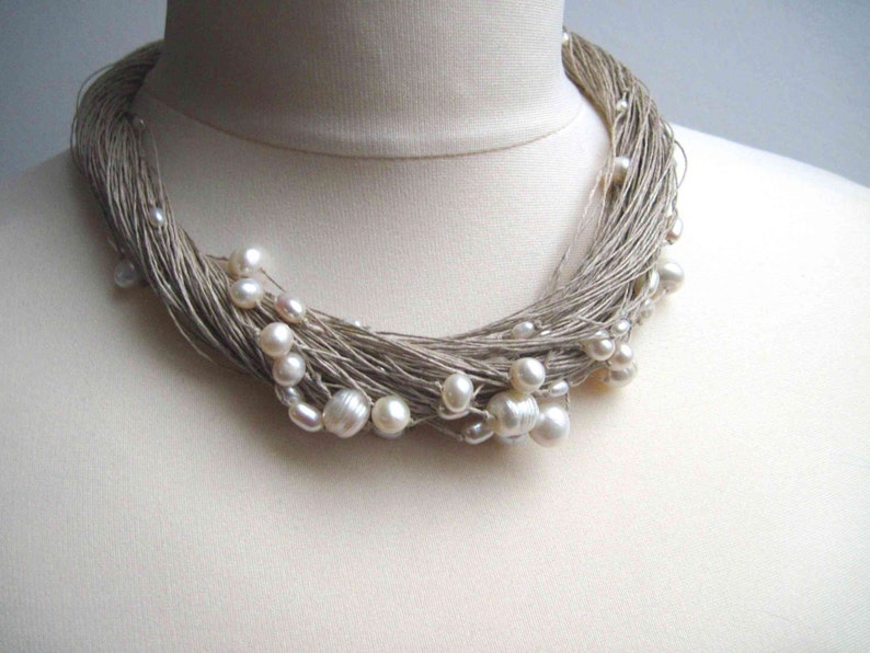 Natural Pearl Necklace White Cream Gray Organic Jewelry Multi Strand Necklace Bridal Wedding Jewelry image 2