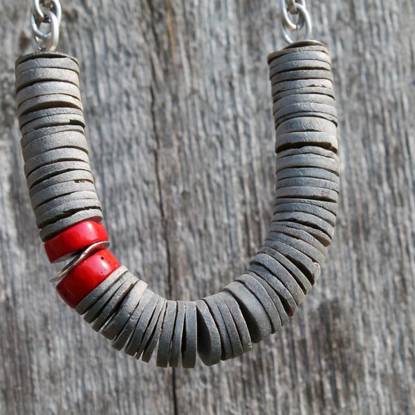 Coral Necklace Crimson Silver Venetian Red Gray Shell Statement Jewelry Summer Fashion asymmetric abstract style