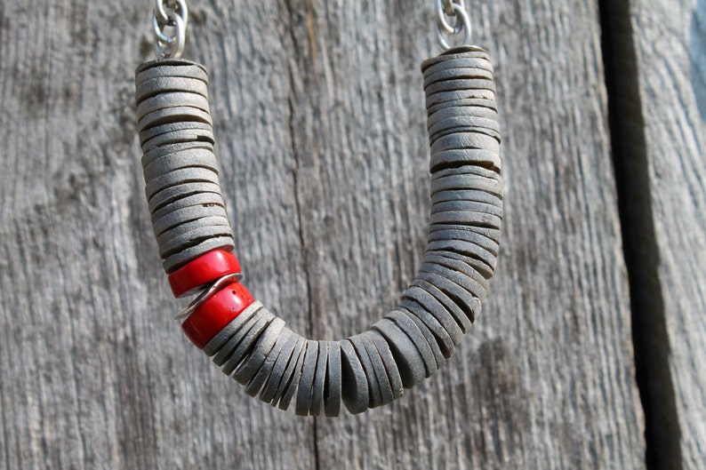 Coral Necklace Crimson Silver Venetian Red Gray Shell Statement Jewelry Summer Fashion asymmetric abstract style image 1
