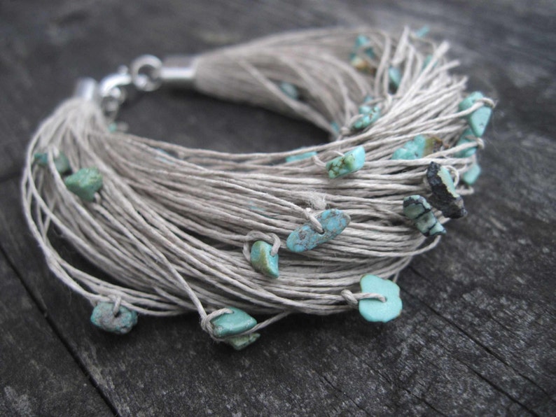 Turquoise Linen Necklace and Bracelet Set Natural Raw Gemstone Jewelry Blue Mint Teal Robins Egg Nest Gray Eco Style Jewelry Beaded Fiber image 3