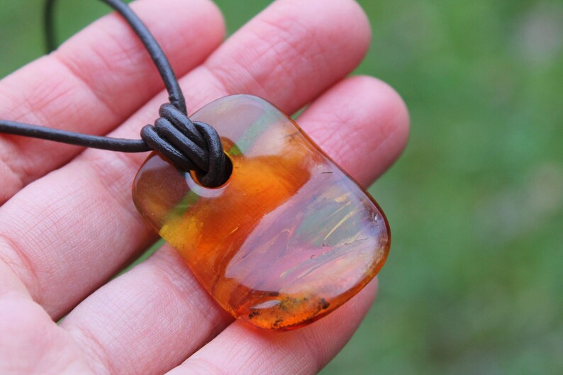 Amber Necklace Honey Amber Pendant Yellow Natural Honey Baltic Amber Charm Unisex Pendant Gift for him Brown Leather