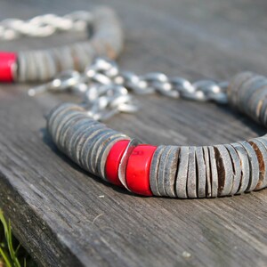 Coral Necklace Crimson Silver Venetian Red Gray Shell Statement Jewelry Summer Fashion asymmetric abstract style image 4