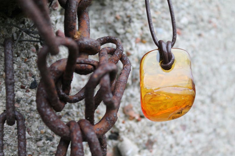 Amber Necklace Honey Amber Pendant Yellow Natural Honey Baltic Amber Charm Unisex Pendant Gift for him Brown Leather