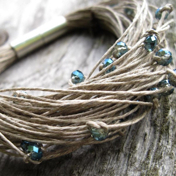 Sparkling Glass Linen Bracelet Elegant Teal Gray Green Blue Glitter Fiber Multistrand Beadwork Eco Friendly Cottage Chic