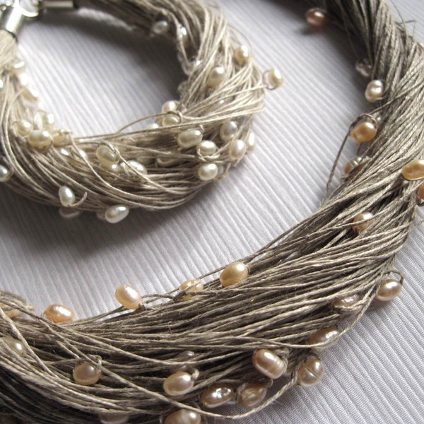 Natural Pearls Linen Necklace Bracelet Wedding Set Multistrand Pearl Necklace White Gray Silver