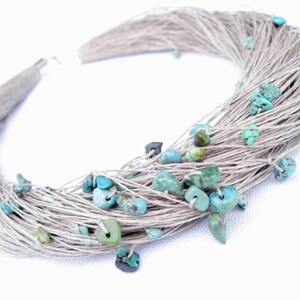 Turquoise Linen Necklace and Bracelet Set Natural Raw Gemstone Jewelry Blue Mint Teal Robins Egg Nest Gray Eco Style Jewelry Beaded Fiber image 4