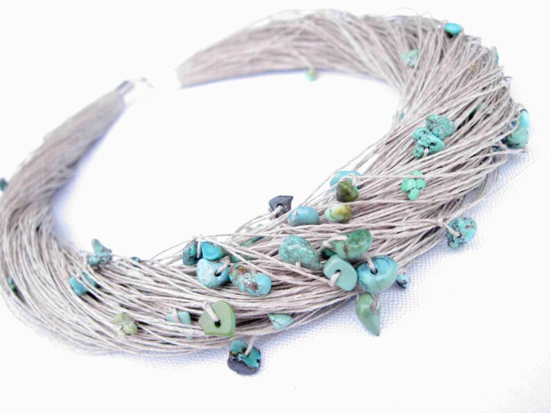 Turquoise Linen Necklace and Bracelet Set Natural Raw Gemstone Jewelry Blue Mint Teal Robins Egg Nest Gray Eco Style Jewelry Beaded Fiber image 4