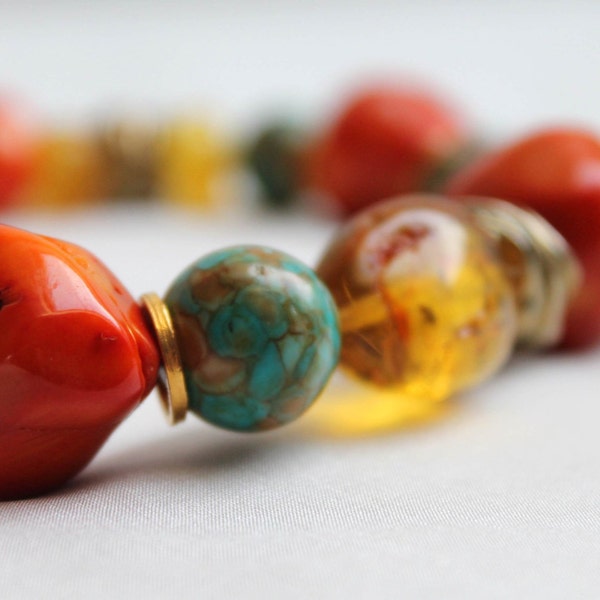 Baltic Amber Turquoise Necklace African Jewelry Coral Statement Necklace Orange Green Yellow Teal Amber Boho Earthy Natural Summer Style