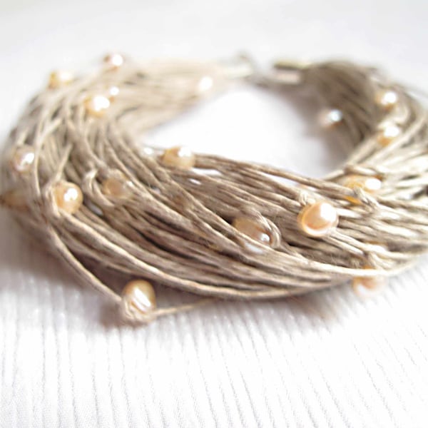 June Birthstone Jewelry Natural Pearls Linen Bracelet Wedding Peachy Shabby Chic Bridal Fashion Beaded Cream Rose Pastel Light Pink