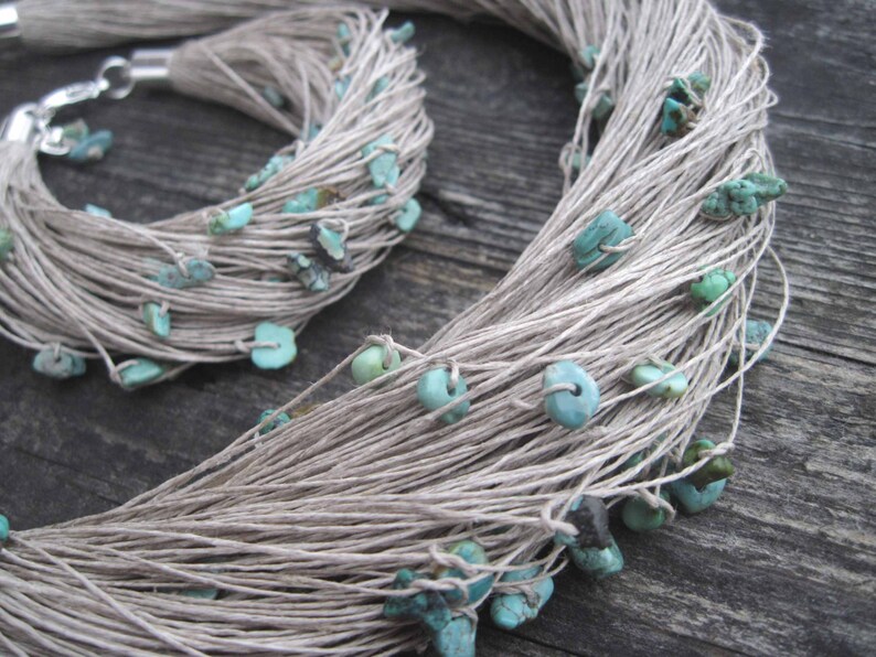 Turquoise Linen Necklace and Bracelet Set Natural Raw Gemstone Jewelry Blue Mint Teal Robins Egg Nest Gray Eco Style Jewelry Beaded Fiber image 2