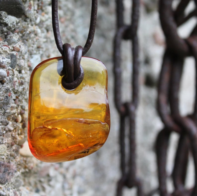 Amber Necklace Honey Amber Pendant Yellow Natural Honey Baltic Amber Charm Unisex Pendant Gift for him Brown Leather