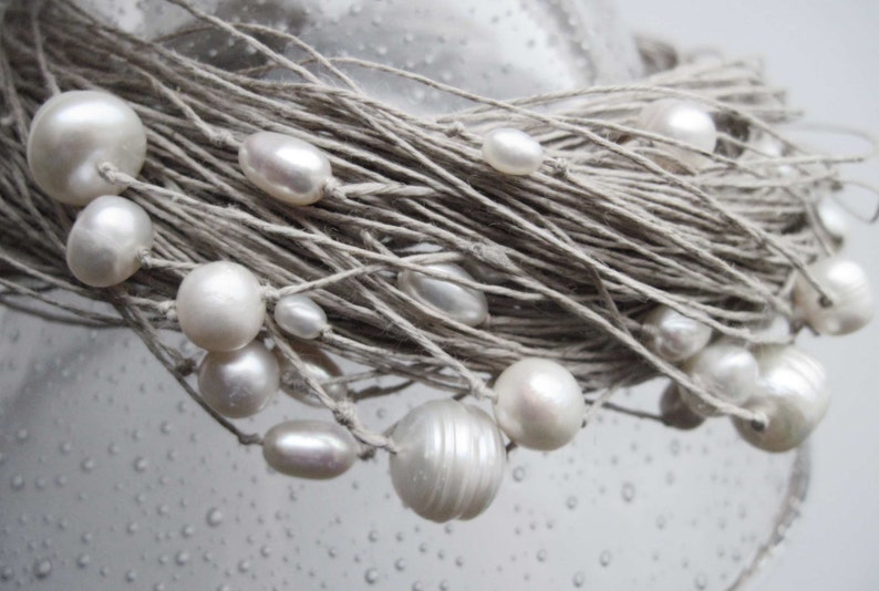 Natural Pearl Necklace White Cream Gray Organic Jewelry Multi Strand Necklace Bridal Wedding Jewelry image 4