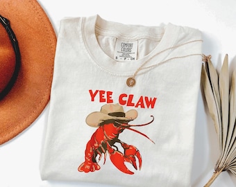 Camiseta vaquera con estampado de langosta, camiseta con estampado de garras de langosta, ropa de verano estilo vaquera costera.