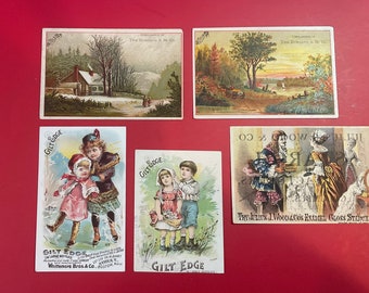 Victorian Trade Cards, 5 project cards, Gilt Edge, Domestic Sewing,Gloss Starch