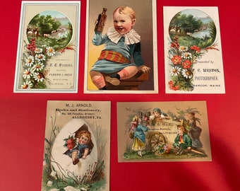 Victorian Trade Cards, 5 project cards, Cluett Piano, Burdock Bitters, Retail Shops